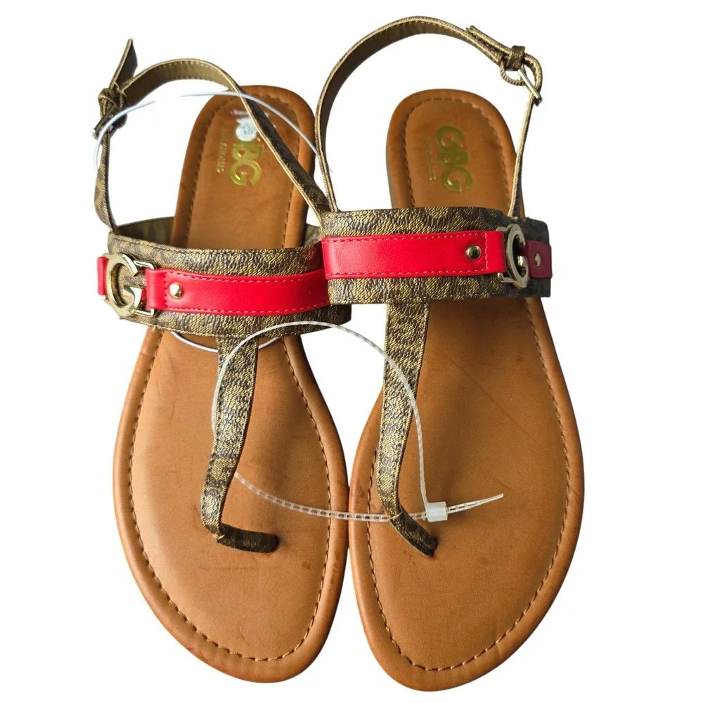 GBG Los Angeles Women's Gold Tan Monogram Red Accent Thong Sandals Size 11M